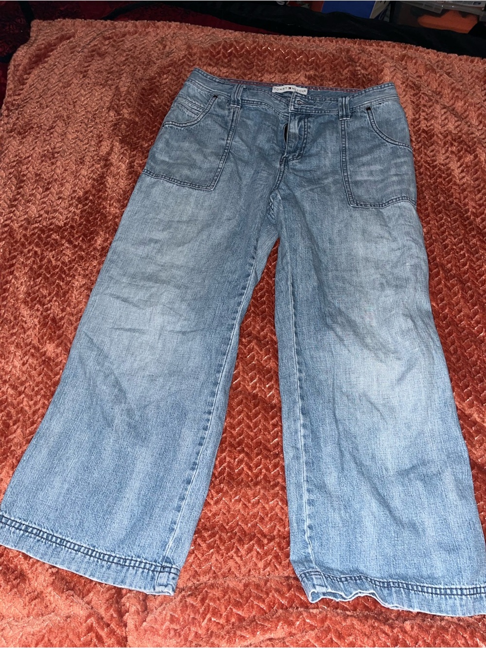 Y2K Tommy Hilfiger Light Blue Wide-Leg Jeans. Size 10